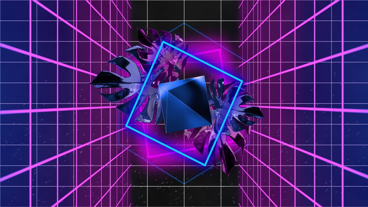 Animation of blue neon square, 3d diamond and leaves rotating over pink grids on dark background