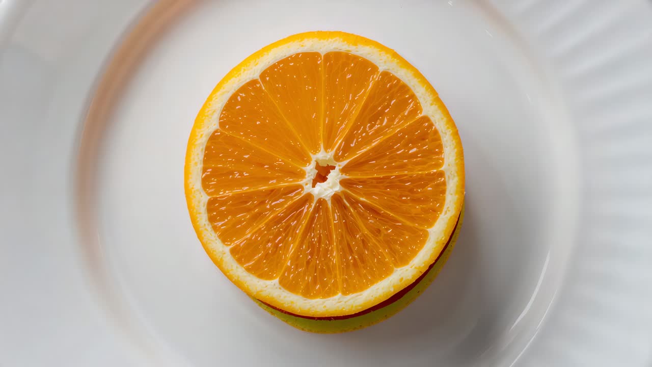 Die Kamera bewegt sich langsam auf eine halbierte Orange auf einem weißen Teller in der Küche zu und enthüllt die Struktur des Fruchtfleischs