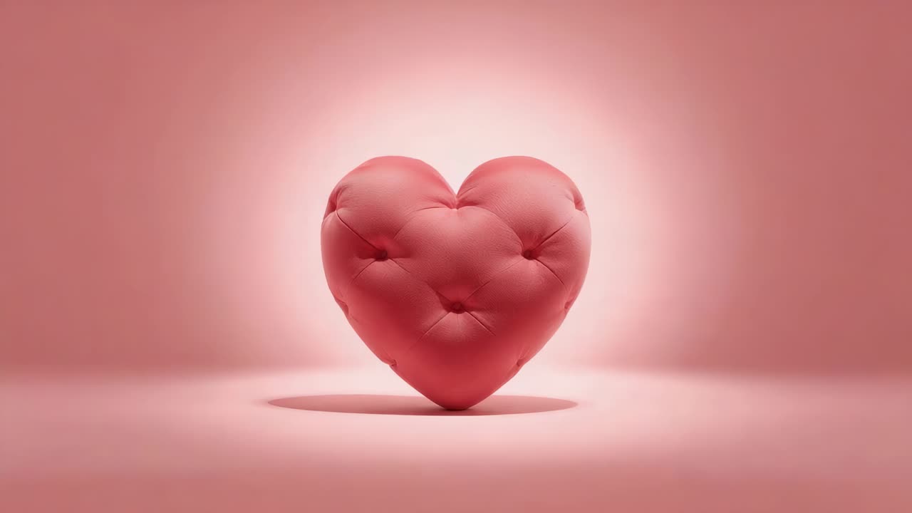 Riflettori che si alzano, cuscino a cuore trapuntato che passa dal rosa alla silhouette scura in studio, creando una rivelazione
