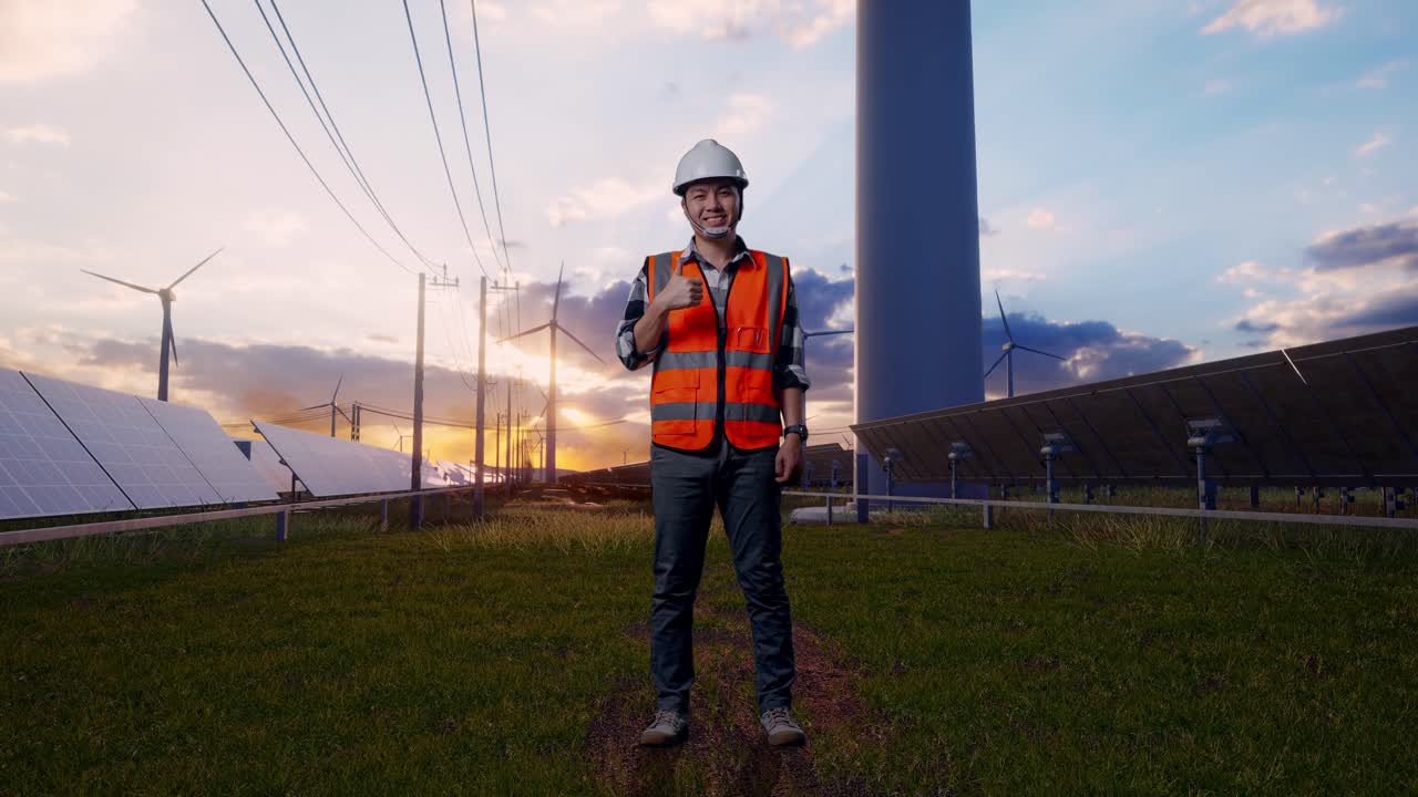 Full Body Of Asian Male Engineer With Safety Helmet Smiling And Showing Thumbs Up Gesture To The Camera While Standing With Solar Panel and Wind Turbines