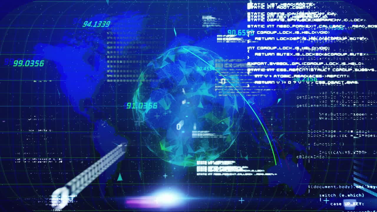 Digital globe with data processing animation over blue world map and binary code