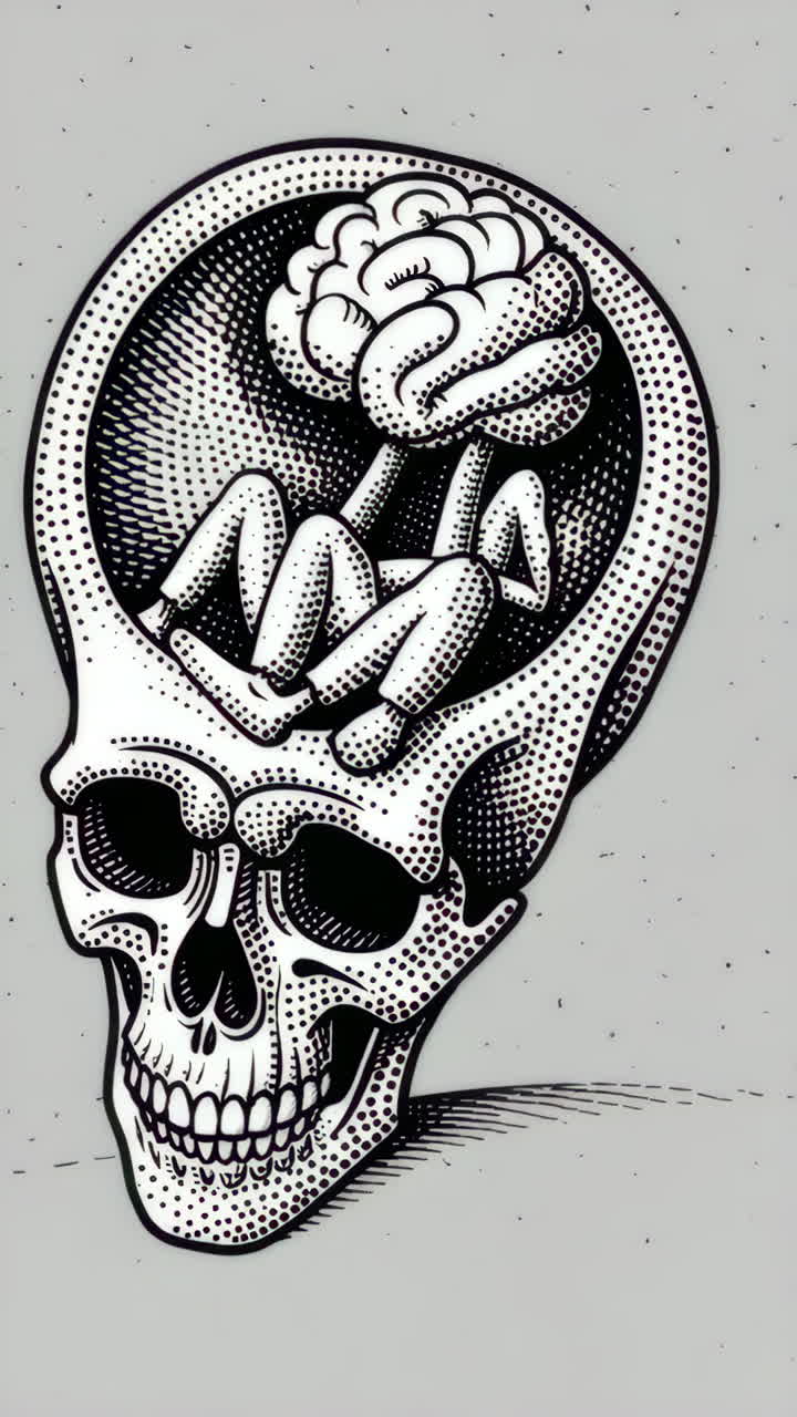 Abstract Mind: Human Figure and Brain Inside a Skull Illustration