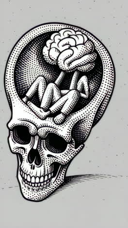 abstract mind: human figure and brain inside a skull illustration