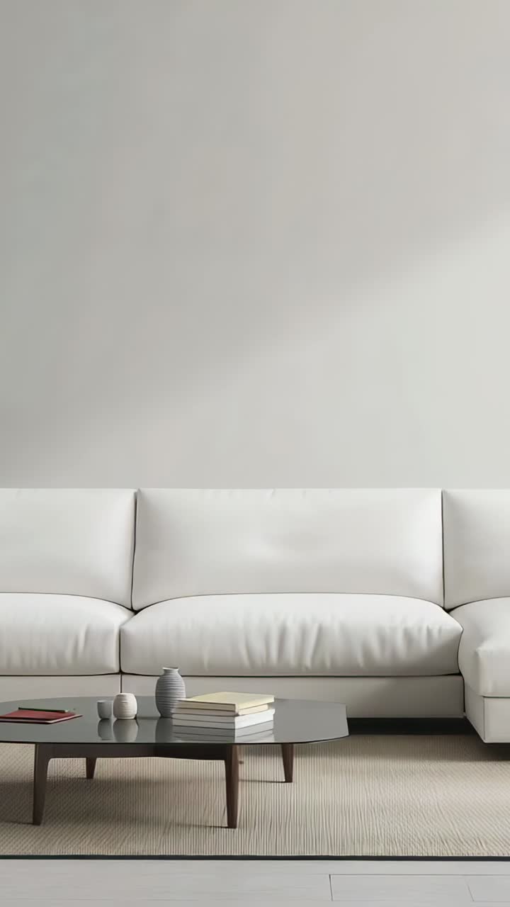 Vertical video: Starting recording, camera capturing living room with white sofa and coffee table
