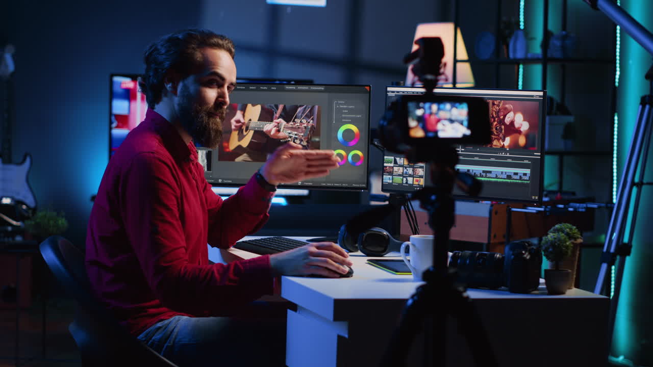 videografía creador de contenido tutorial de grabación usando cámara profesional, hablando con la audiencia