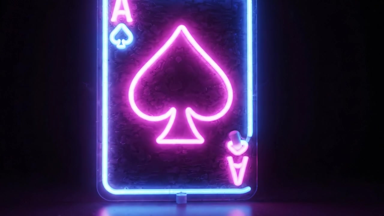 A Vibrant Neon Ace of Spades Playing Card Illuminating the Darkness with Bright Colors and a Glossy Surface, Perfect for Games and Casino Themes