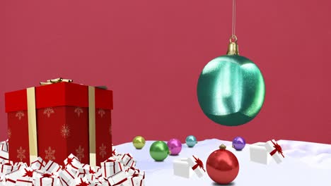 animación de joyas azules brillantes con regalos y decoraciones navideñas sobre fondo rojo