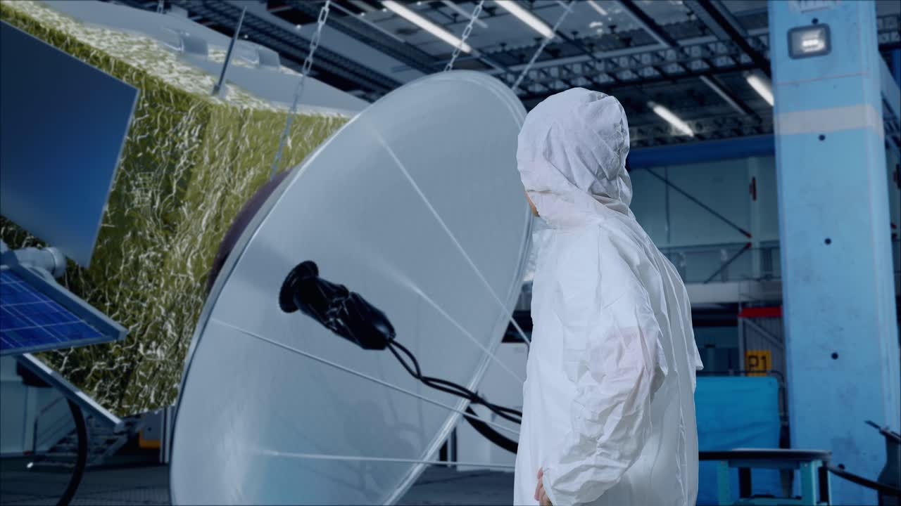 아시아 남성 과학자가 이에 손을 고 우주선 건설을 둘러보고 있는 측면 시각