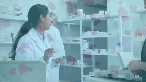 animación de farmacéuticos y un cliente con covid-19 extendiéndose en el fondo