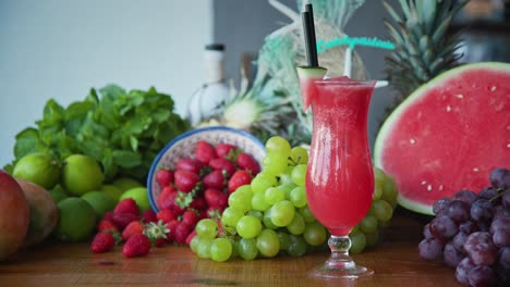 wide shot of freshly made smoothies and tasty juicy fresh fruits