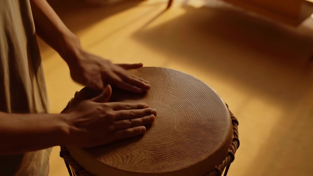 Elevated centered view of two hands and forearms striking a round hand drum resting on a wooden floor in a warm, sunlit interior. Fingers press and glide