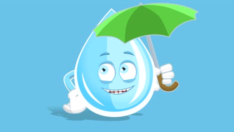 dibujos animados gota de agua potable fresca bajo paraguas con animación facial alfa mate