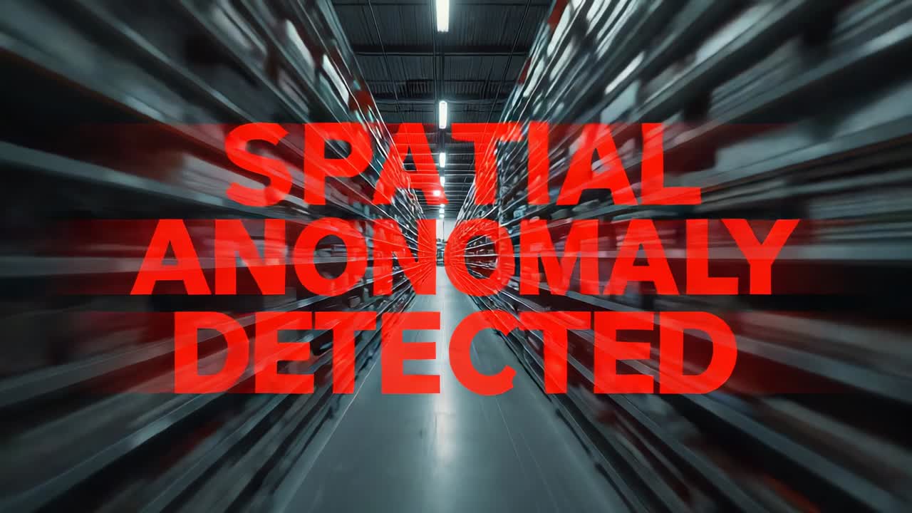 Pulsing red alert text being triggered by camera pushing through store aisle racks, warning anomaly