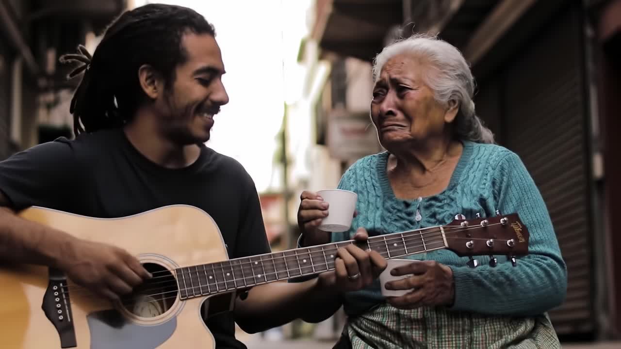 A young musician plays guitar for an elderly woman sitting on the street. She holds a cup and listens intently, showing deep emotion while enjoying the music on a calm day in Mexico.