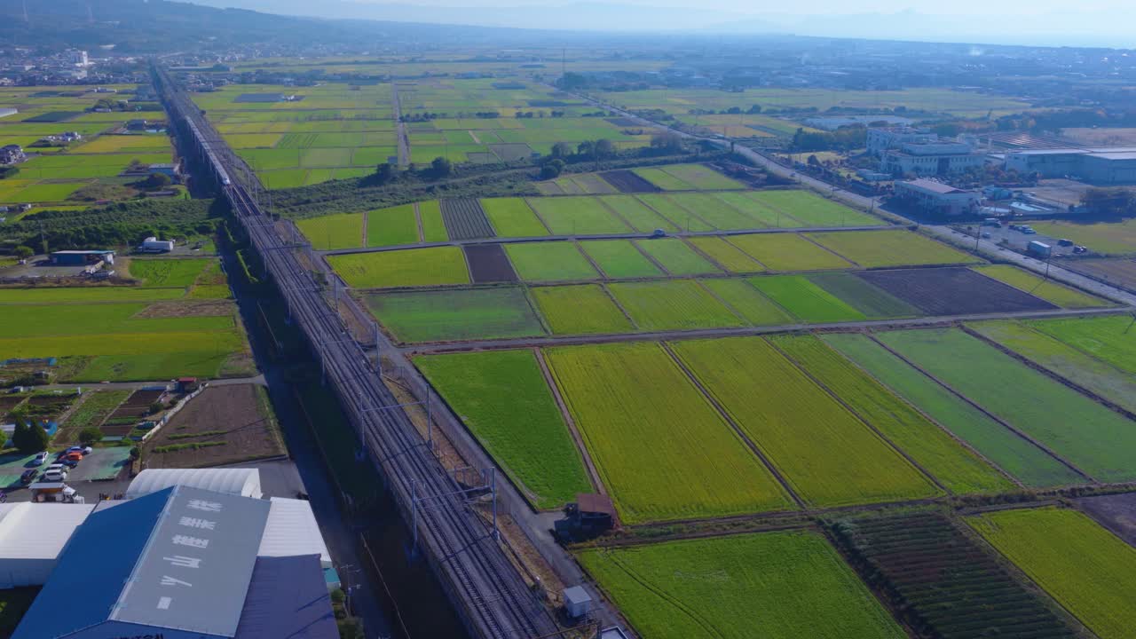 Rural Japan Landscape, Aerial View as Bullet Train Passes Shizuoka