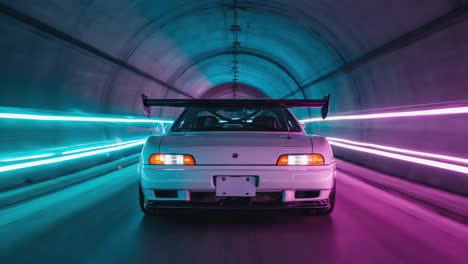 teal nissan skyline gt-r r32 in a neon-lit tunnel