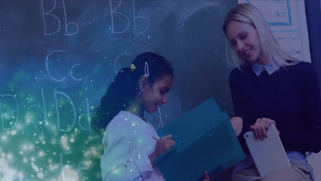 Animation-of-light-spots-over-diverse-schoolgirl-and-female-teacher