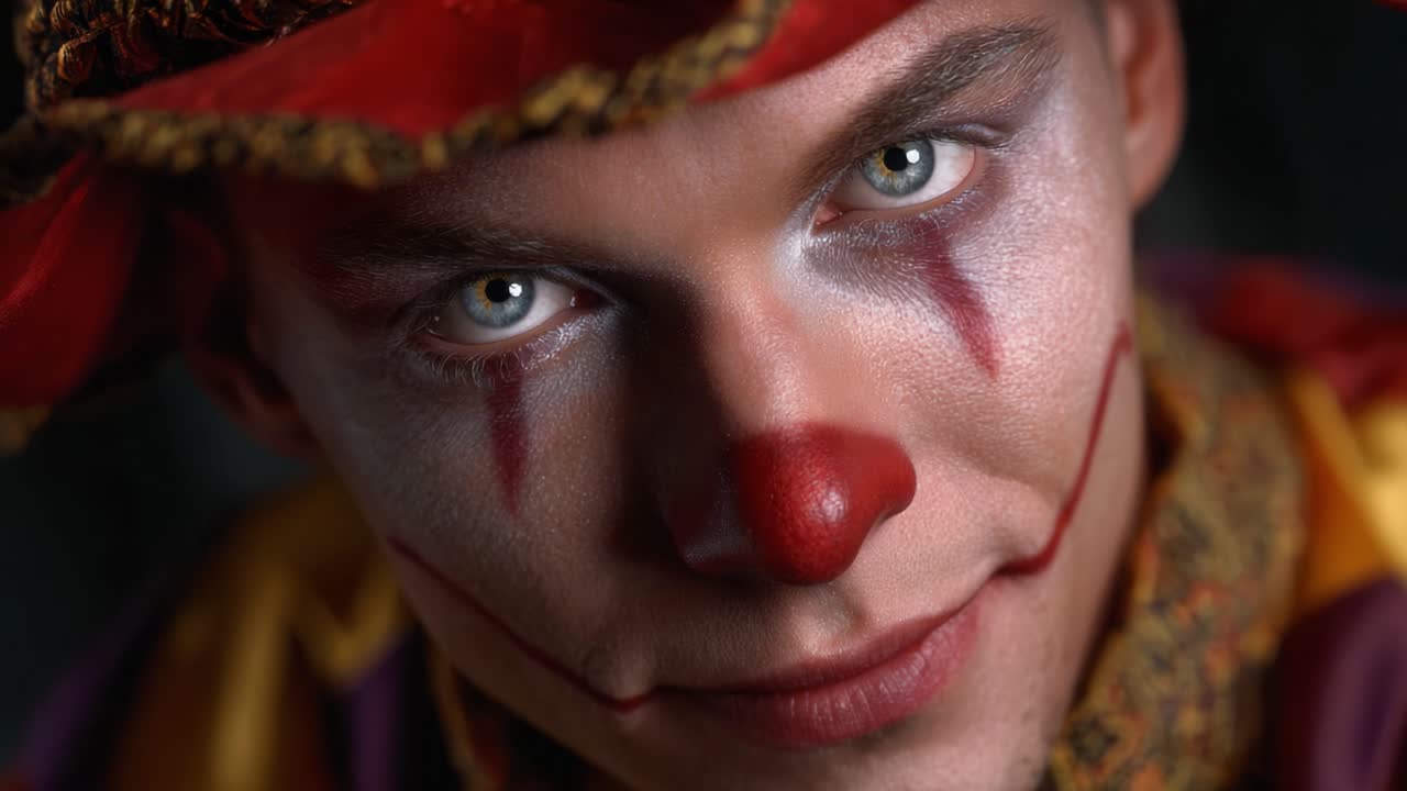 A Captivating Portrait of a Clown in Two Frames: The Transformation from Engaging Gaze to Serene Expression Captures the Essence of Performance Art