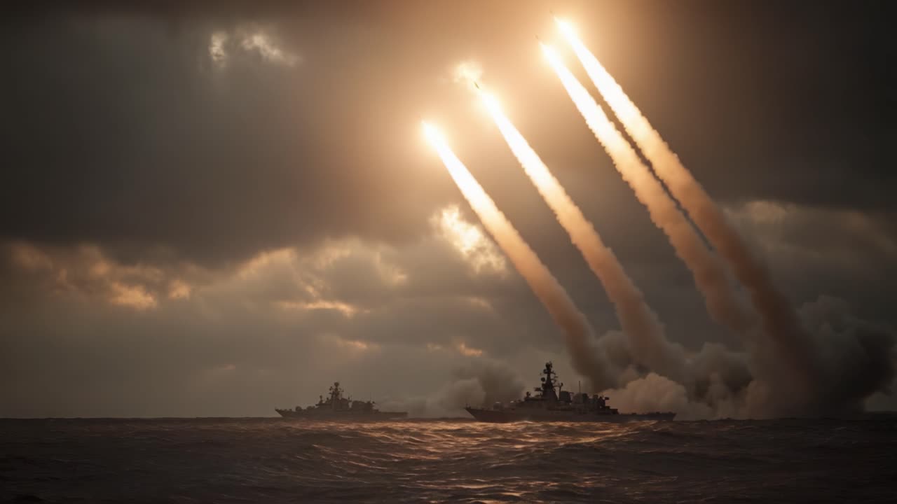 Spettacolare dimostrazione di potenza navale: navi da guerra che lanciano missili su uno sfondo di cieli scuri e onde impetuose, mostrando capacità militari avanzate in alto mare