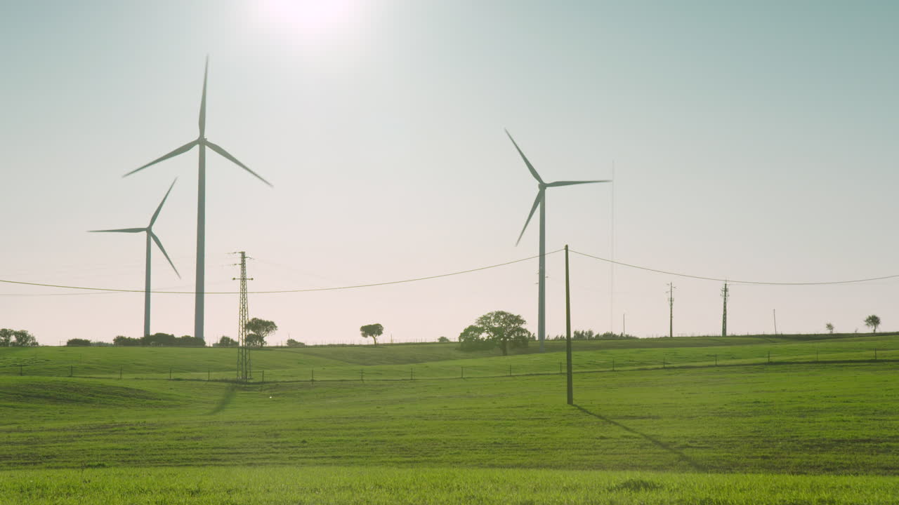 푸른 초원에 있는 세 개의 회전하는 풍력 터빈 위에 맑은 하늘에 태양이 걸려 있다