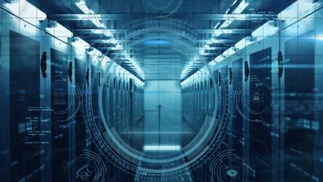 Animation of data protection text, fingerprint in circles, icons, computer language on server room