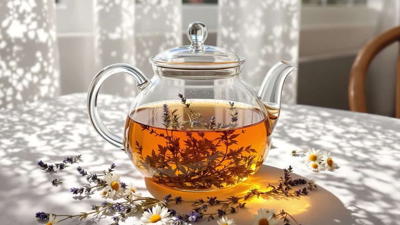 Glass teapot filled with herbal tea and flowers, casting intricate shadows on a table, showcasing the beauty of nature and tranquility in a serene setting