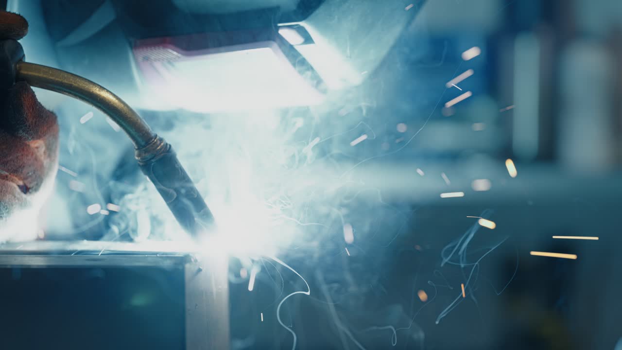 Metalworker ist MAG welding steel in slow motion.