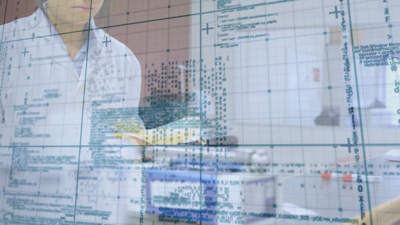 Lab tech moving yellow fold, inspecting then placing on tray for analysis with grid text overlaying