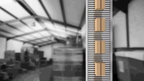 animation of cardboard boxes moving on conveyor belt in warehouse