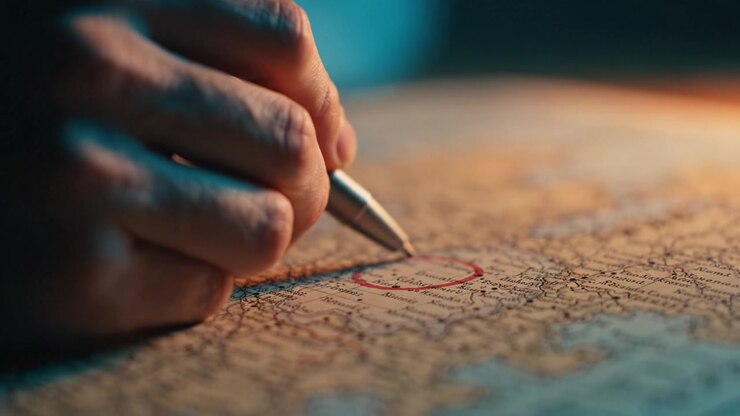 A hand with a pen marks a location on a detailed map, showcasing planning, exploration, and the importance of navigation in the modern world.