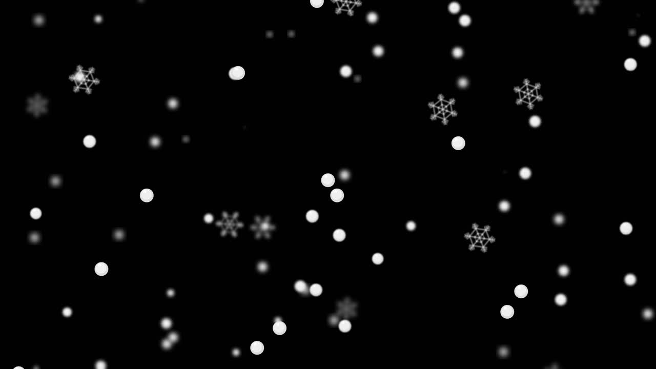 White snowflakes and soft round particles fall slowly against a solid black background
