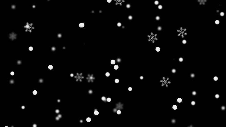 White snowflakes and soft round particles fall slowly against a solid black background