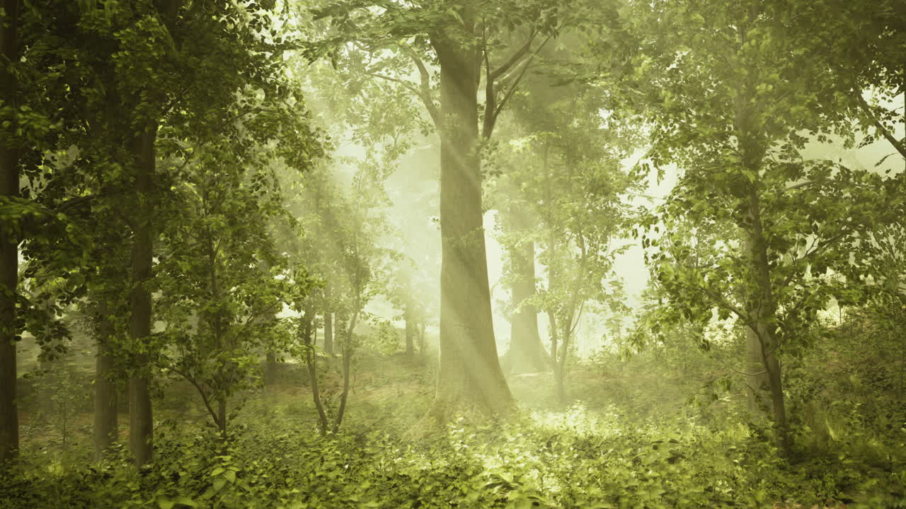 Sunlight filters through misty forest trees during early morning hours