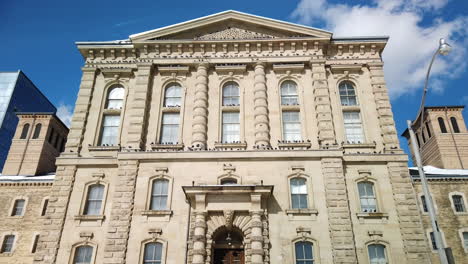 a slow tilt down revealing the architecture of the old don jail