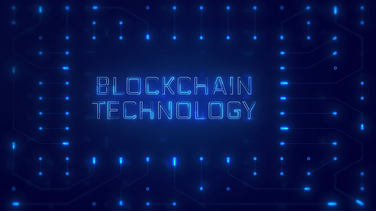 Blockchain Technology Text on Animated Digital Circuit Board