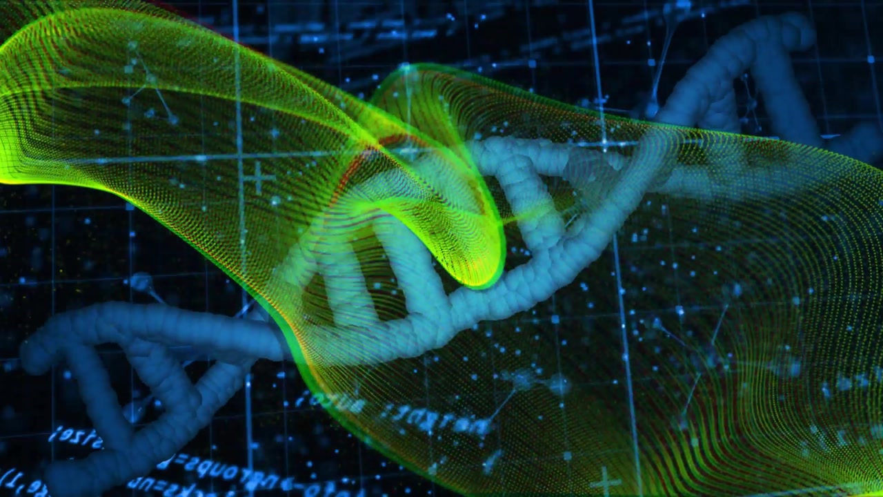 Neon green waveform appearing lower left, weaving through rotating 3D helix showing DNA data flow