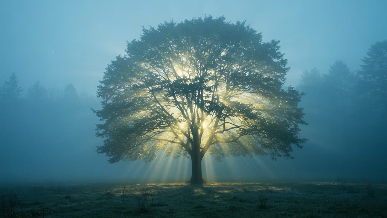 A Majestic Tree Illuminated by Radiant Light in a Misty Landscape, Capturing the Essence of Nature's Tranquility and Beauty at Dawn
