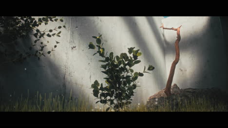 outdoor scene with plants and concrete wall