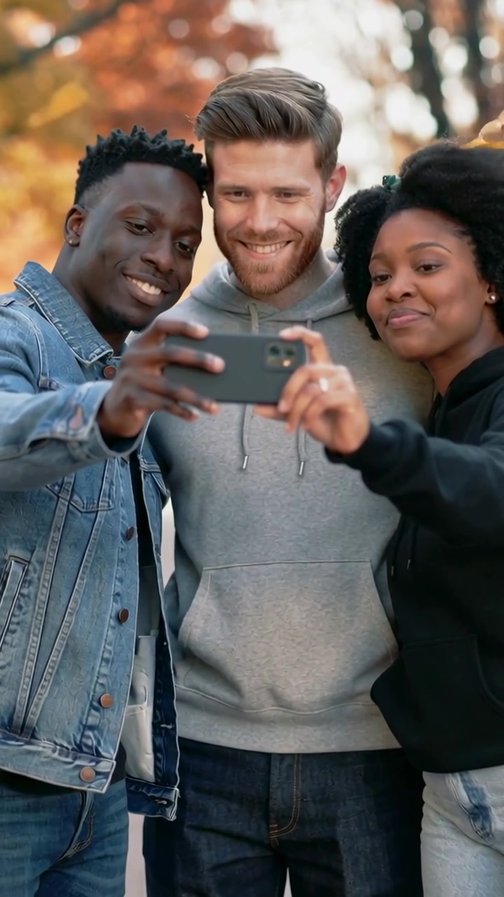 Video verticale: Trio con giacca di jeans e felpe con cappuccio alza il telefono, si scatta un selfie nel parco, una foglia che cade.