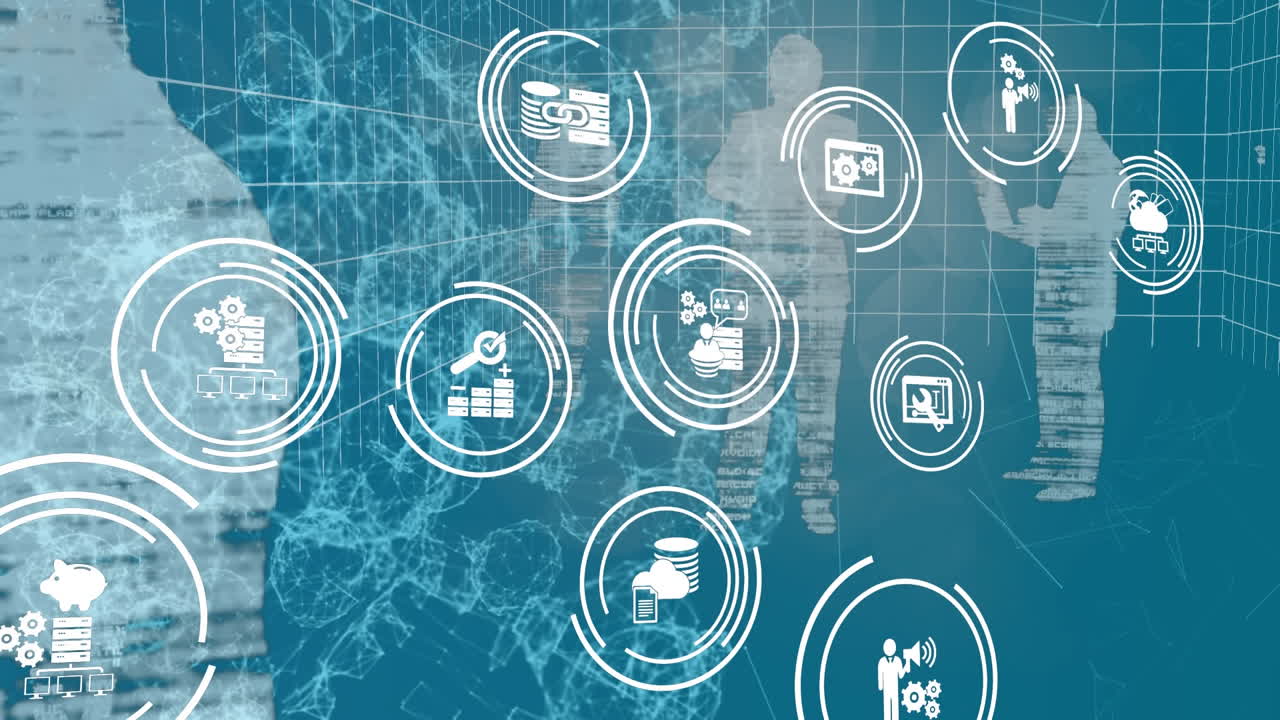 animación de iconos sociales flotando en círculos con siluetas de personas sobre una cuadrícula en el fondo