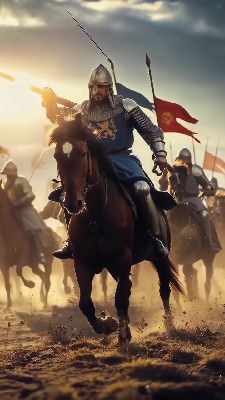 Cavaleiro Medieval Cavalgando para a Batalha com Exército