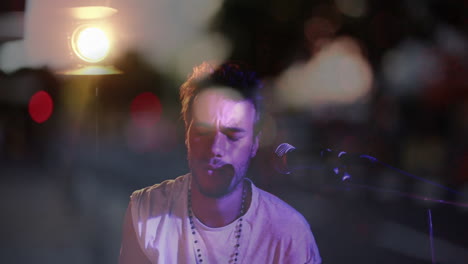 male singer performing on stage, showcasing animated music notes with mic icon and light bokeh