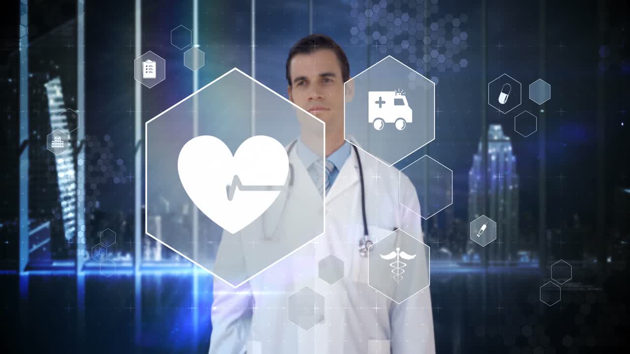 el médico toca la pantalla de la interfaz digital virtual