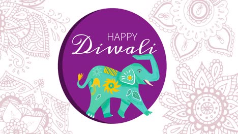animación del texto feliz de diwali y el icono del elefante sobre un fondo blanco