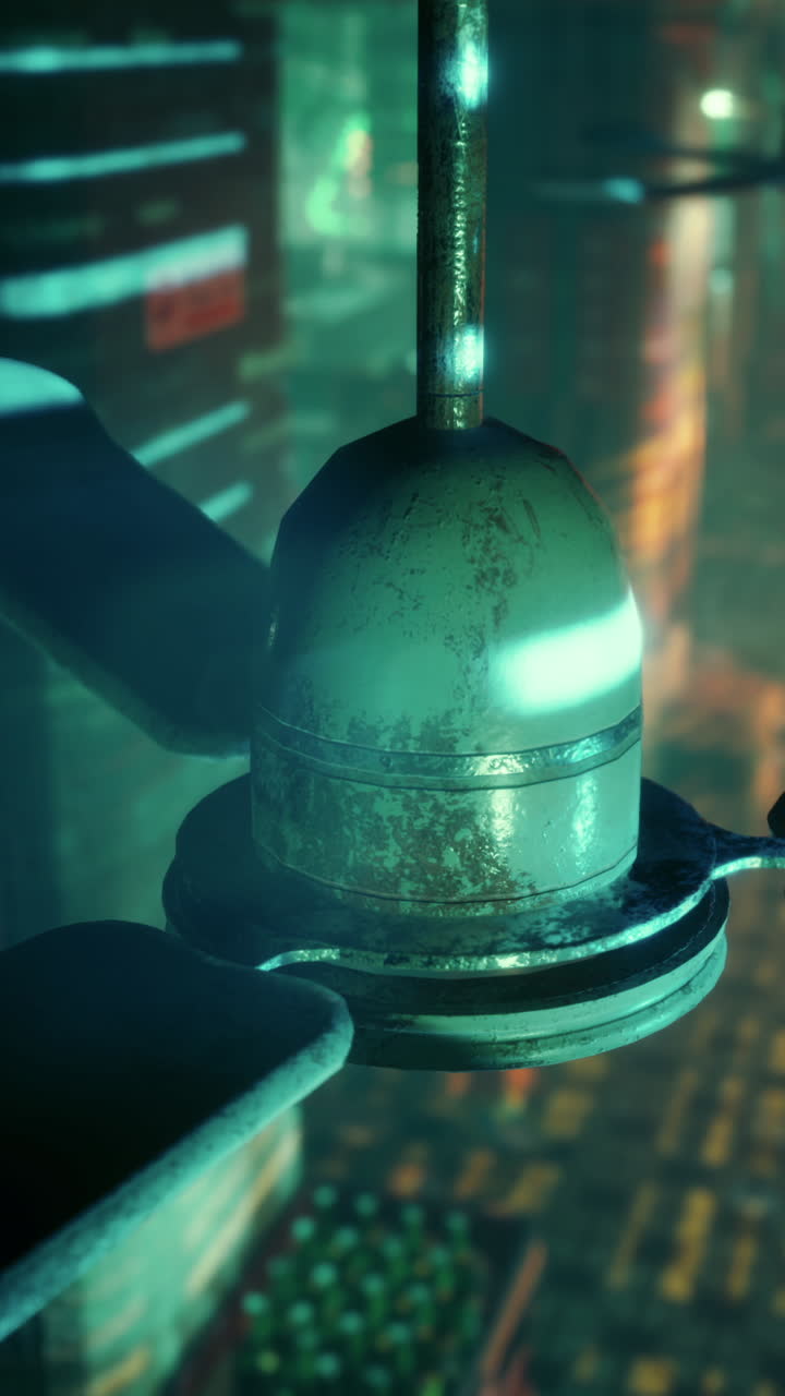 primer plano de un ventilador de techo oxidado en una ciudad futurista