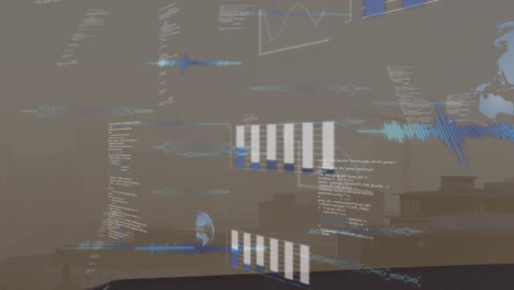 animación del procesamiento de datos y globo sobre el paisaje urbano