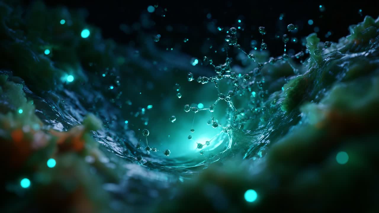 Mesmerizing Swirling Water with Luminous Particles Capturing the Essence of Fluid Motion, Splashing Drops, and Stunning Aquatic Visuals in a Darkened Atmosphere
