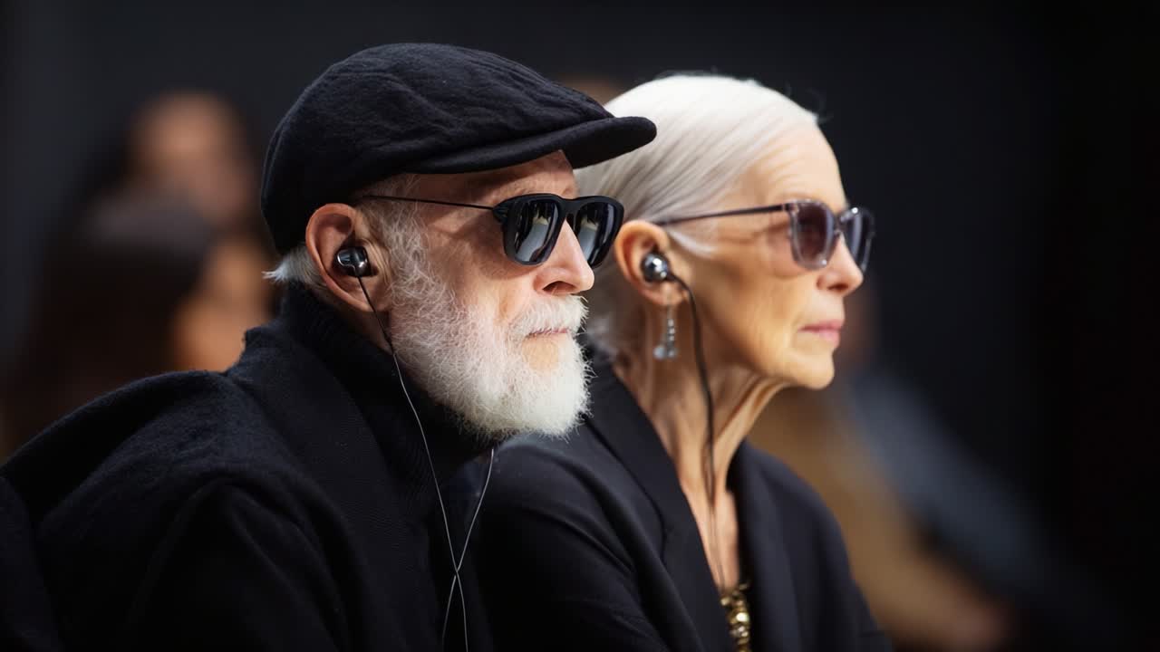 A Sophisticated Look at Modern Elegance: An Older Couple Sitting Together, Stylishly Dressed, Wearing Sunglasses and Headphones, Engaging in a Fashion Show Context, Embracing Timeless Fashion Trends