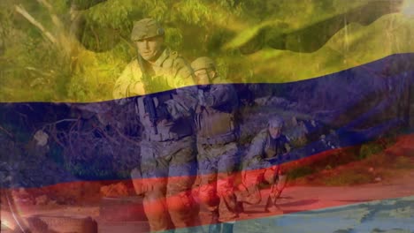 animation of flag of colombia over diverse soldiers with guns performing drill in training ground