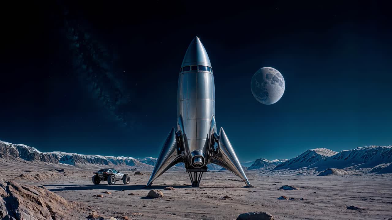 A futuristic rocket stands on the lunar surface with a beautiful view of earth behind it